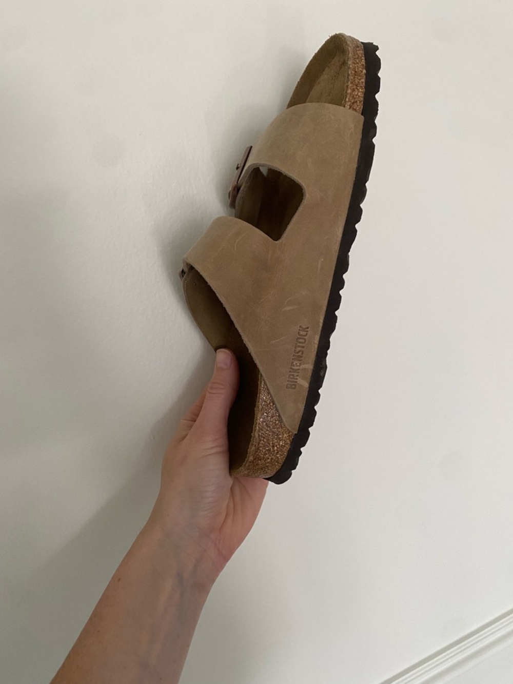BirkenstockTwo-Strap Suede Sandal in Taupe